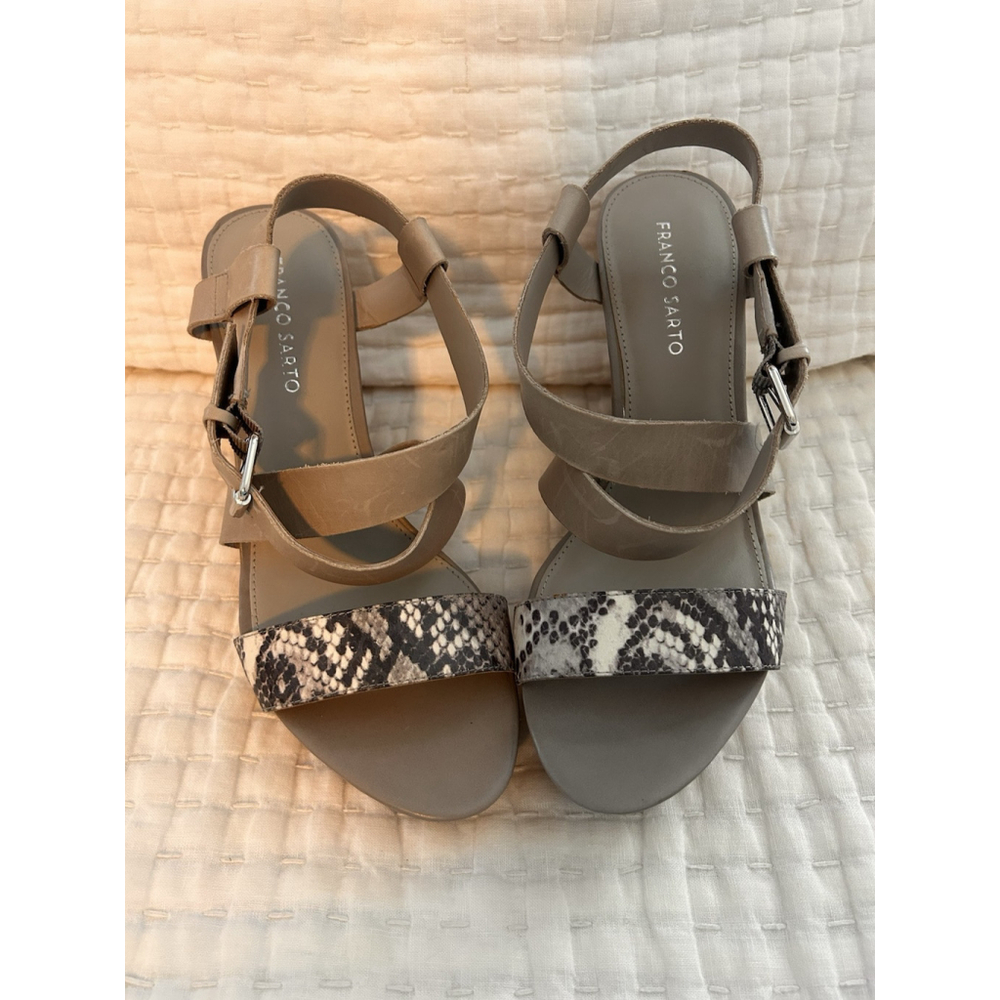 Franco Sarto Snake Print Cork Wedge Crisscross Leather Strap Sandal Sz 10